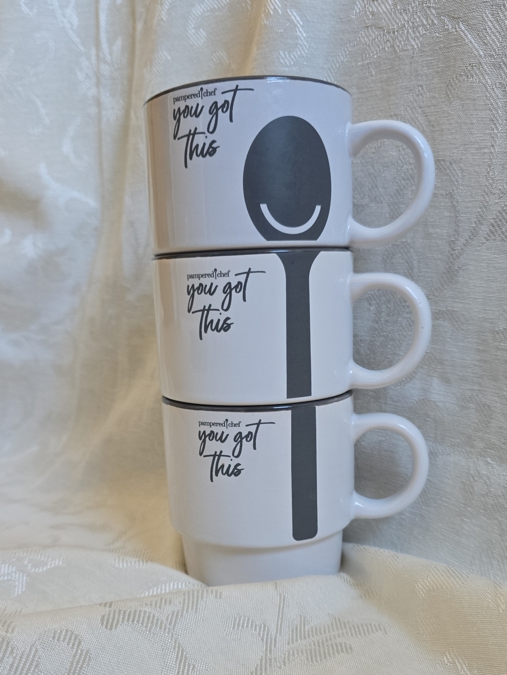 Pampered Chef White Mugs with Gray Spoon Graphic (Set of 3)